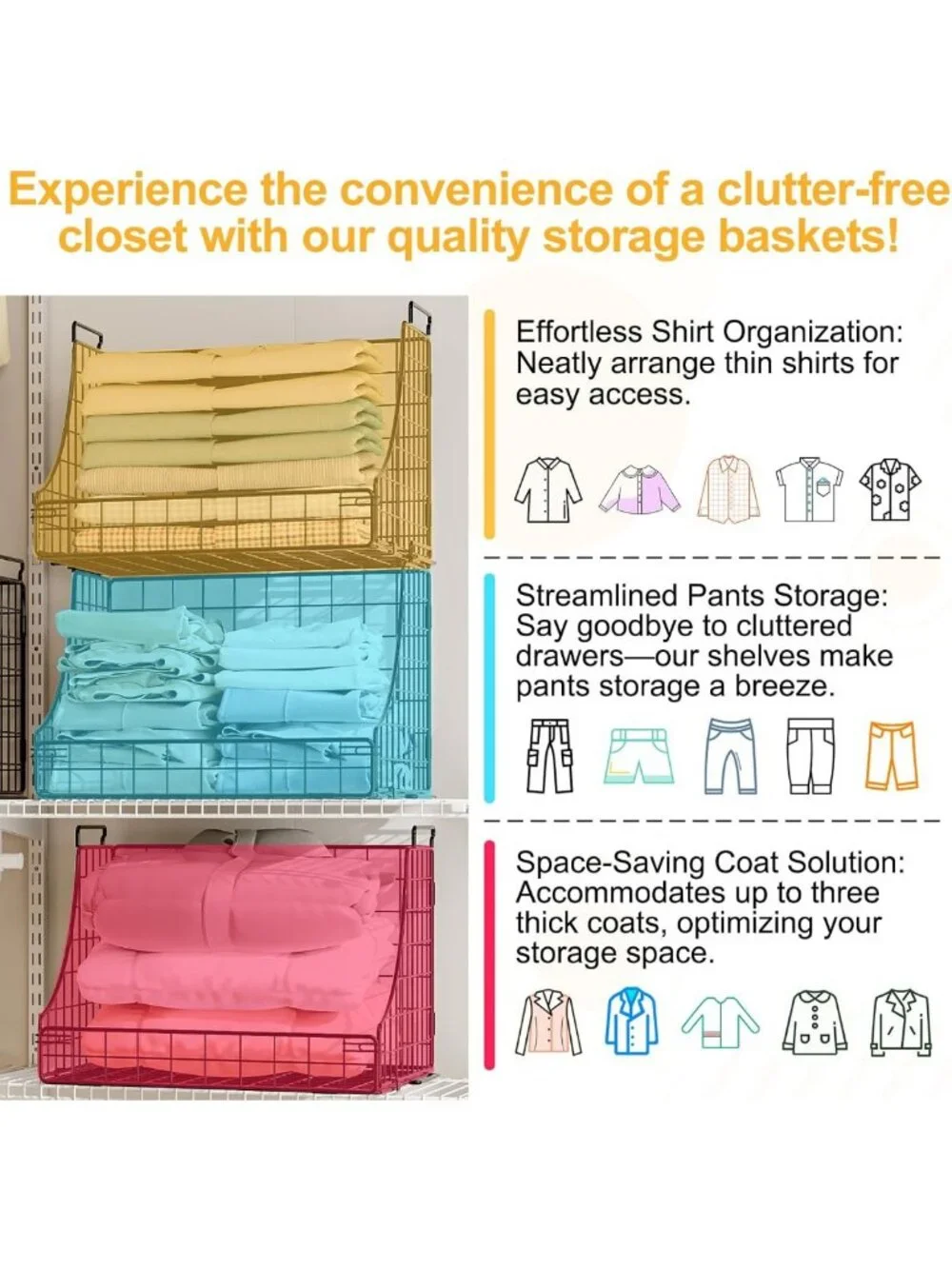 4-Pack Stackable Wire Baskets for Closet Organization, Rustic Metal Storage Bins